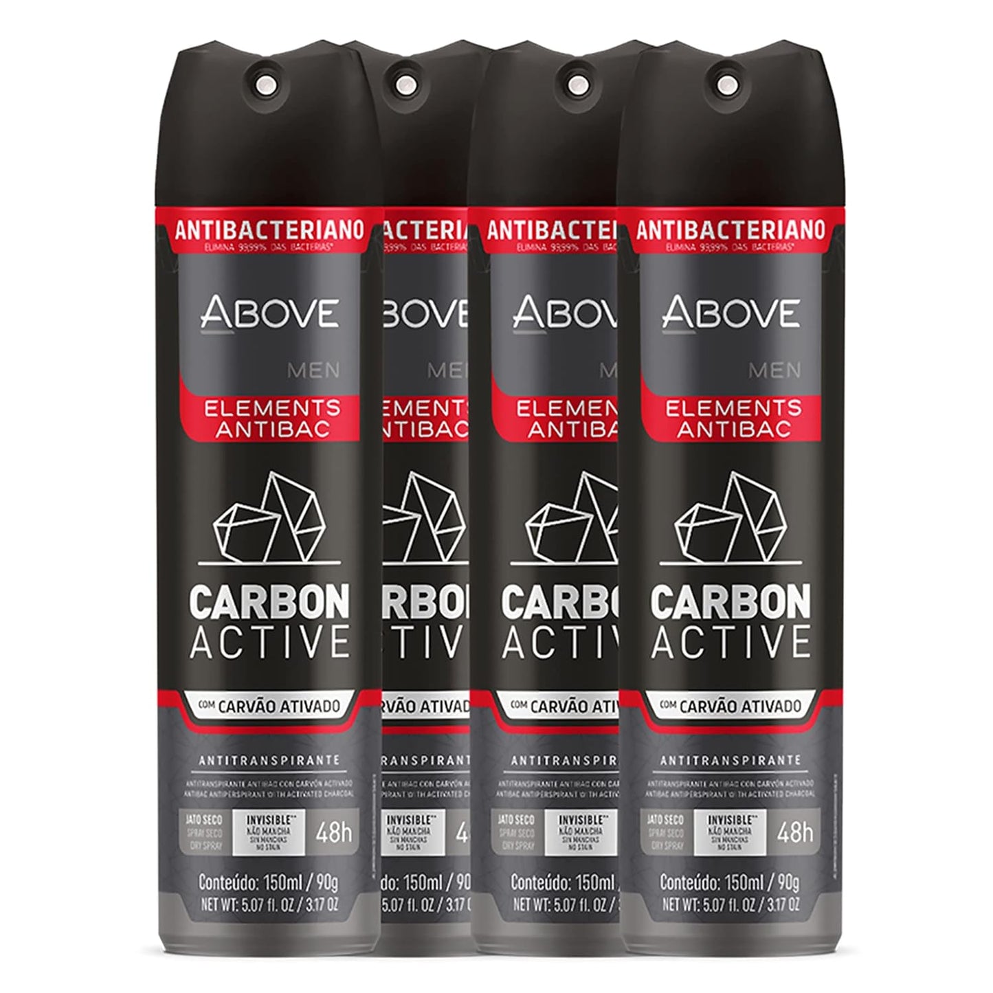 ABOVE 48 Hours Element Antiperspirant Deodorant Spray Set, Carbon Active, 4 Pcs - Deodorant for Men - Mint, Mandarin, and Orange Notes - Stain-Free