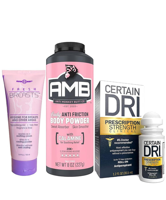 Fresh Body FB No Sweat Lady Bundle: Breasts, Lady Anti Monkey Butt Body Powder, 8oz and Certain Dri, Antiperspirant Roll-On Deodorant