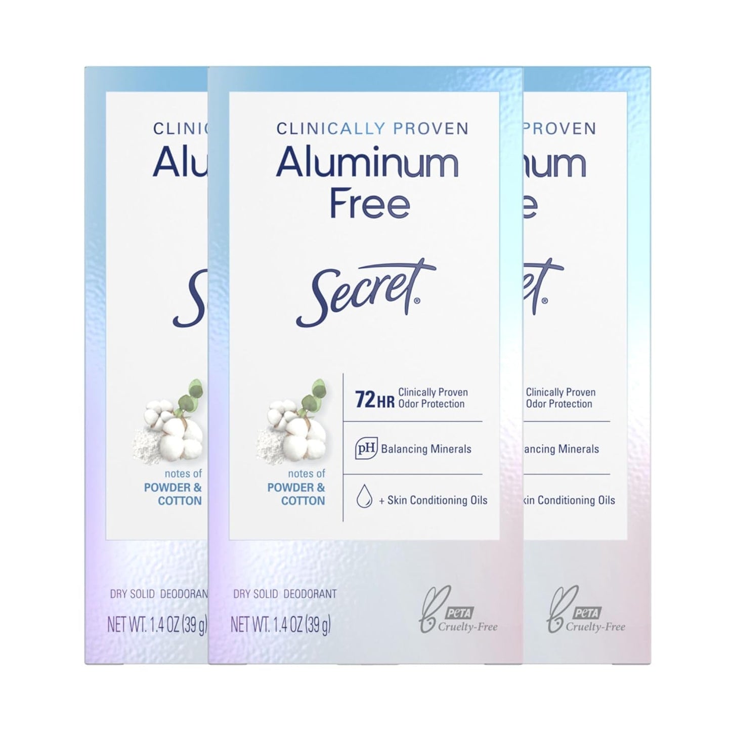 Secret Clinically Proven Aluminum Free Deodorant for Women, Powder Cotton Scent, 1.4 oz (Pack of 3)
