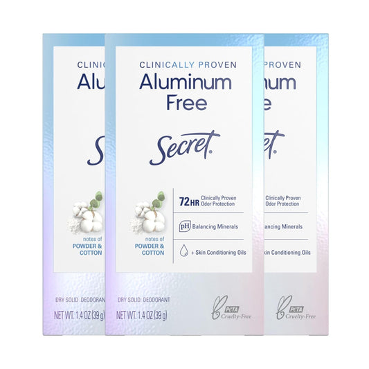 Secret Clinically Proven Aluminum Free Deodorant for Women, Powder Cotton Scent, 1.4 oz (Pack of 3)