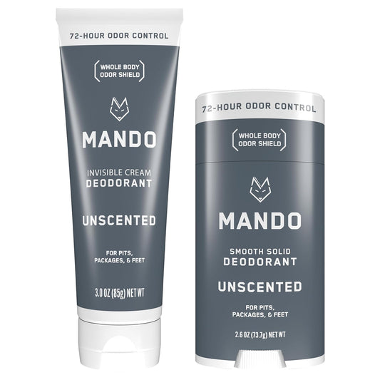 Mando Whole Body Deodorant - Invisible Cream Tube and Solid Stick - 72 Hour Odor Control - Aluminum Free, Baking Soda Free, Skin Safe - 3.0 Ounce Tube and 2.6 Ounce Solid Stick Bundle - Unscented…