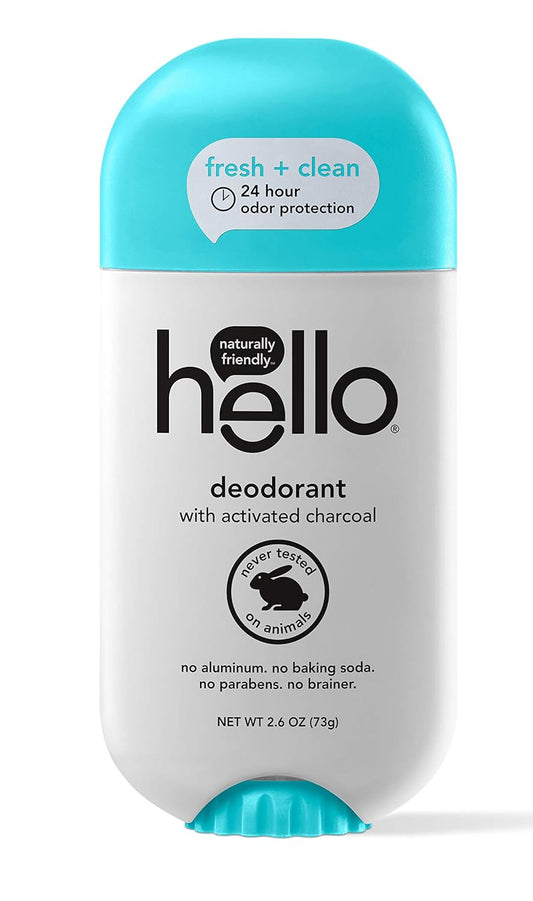 Hello Activated Charcoal Fresh and Clean Deodorant for Women and Men, Aluminum Free, Baking Soda Free, Parabens Free, 24 Hour Protection, 2.6 Ounce