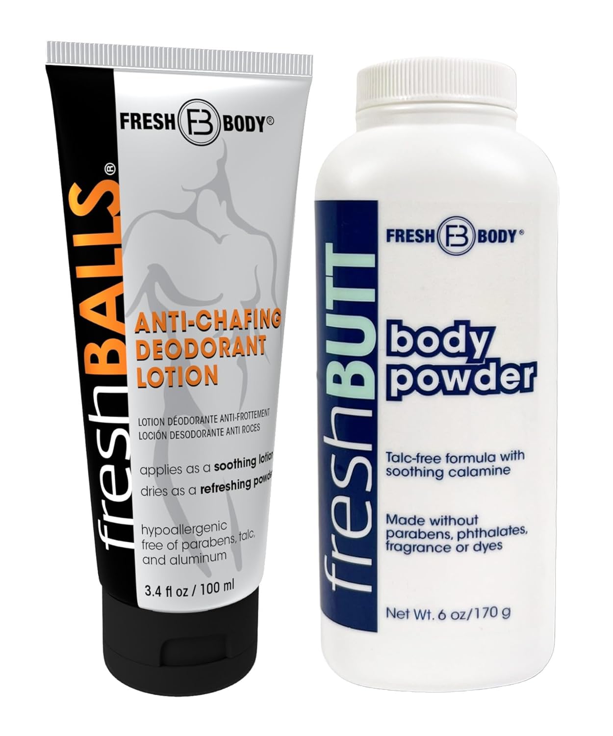 Fresh Body Fresh Balls Lotion to Powder Ball Deodorant, 3.4oz and Fresh Butt Body Powder for Men and Women - Unscented, Deodorant Anti-Chafing, Talc Free Powder, 6 oz