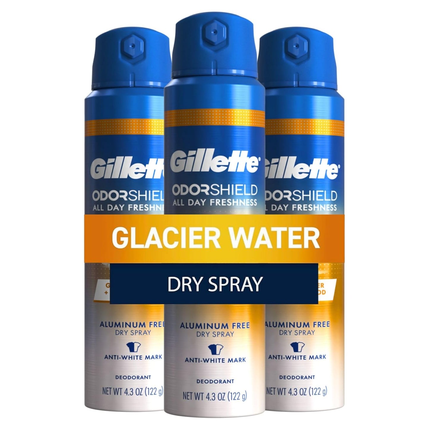 Gillette Aluminum Free Deodorant for Men, Dry Spray, Glacier Water, 4.3oz (Pack of 3)