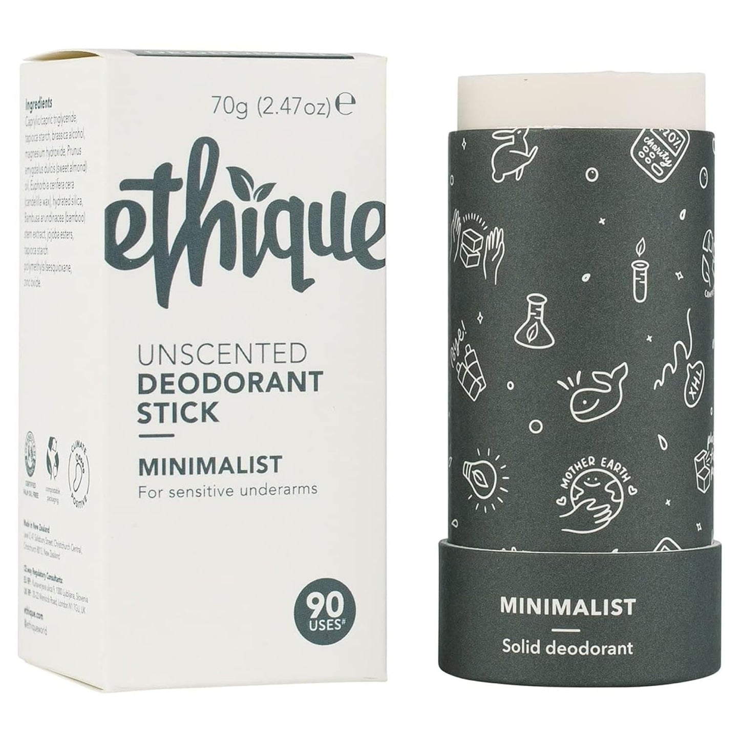 Ethique Minimalist Unscented Deodorant Stick for Men & Women - Natural Aluminum-Free, Plastic-Free, Vegan, Cruelty-Free, Eco-Friendly, 2.47 oz (Pack of 1)