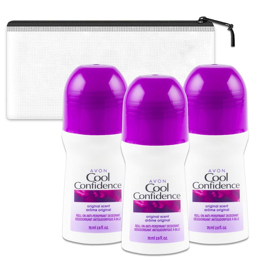 Avon Cool Confidence Roll-On Deodorant for Women Travel Pack - 3 Pack Avon Roll-On Anti-Perspirant Deodorant Travel Size 2.6 Oz Bundle with Bag | Travel Size Deodorant for Women