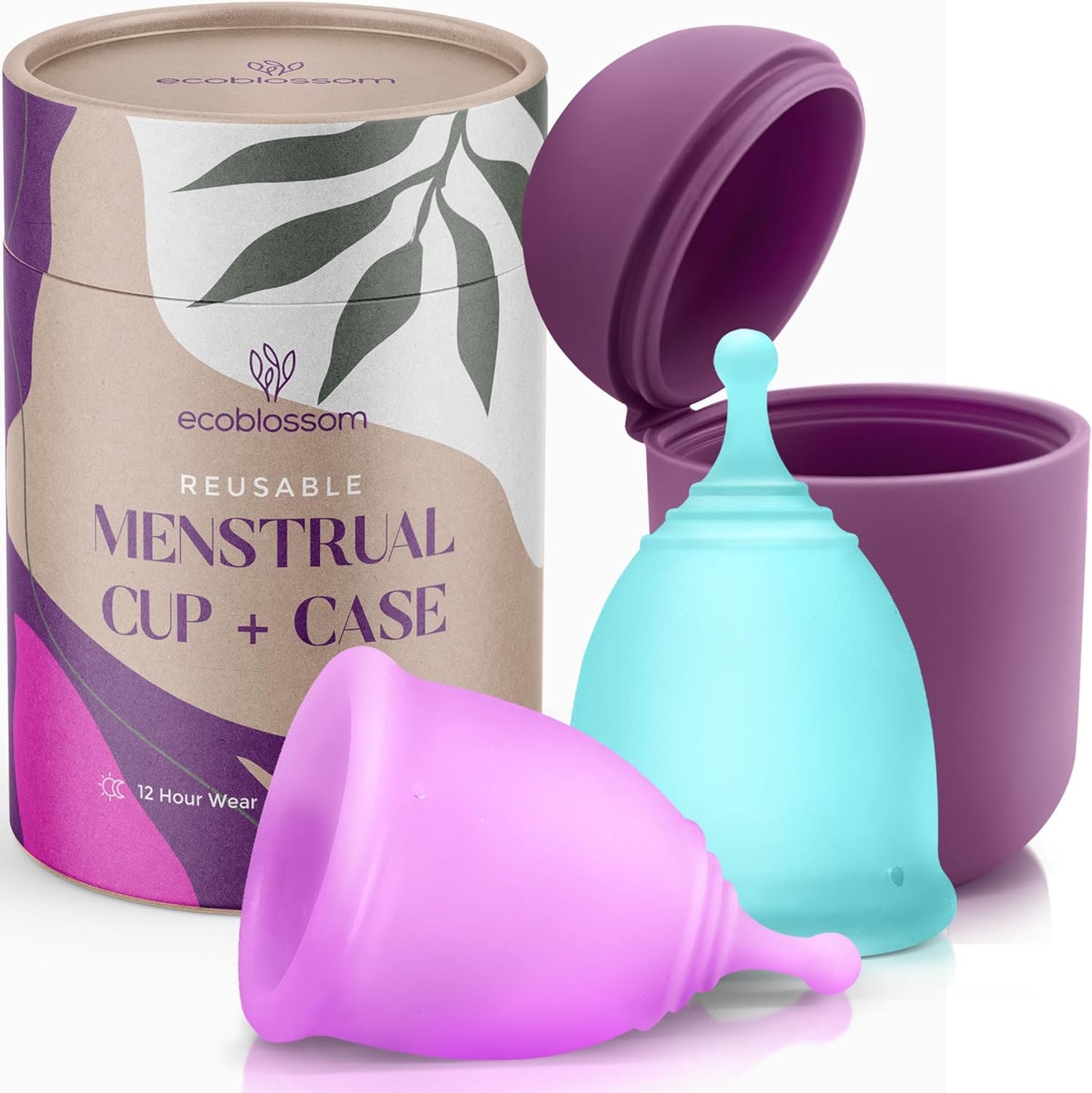 EcoBlossom Reusable Menstrual Cup and Case - The Most Reliable Medical Grade Silicone Period Cups - Comfortably use for 12 Hours (Small/Large (Pack of 2), Round Stem & Case)