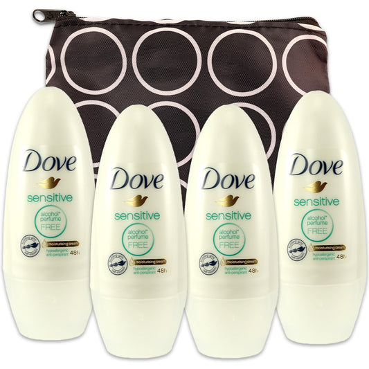 Dove Sensitive Skin Deodorant Travel Size - Dove Deodorant Fragrance Free Bundle With 4 Pack Dove Sensitive Skin Roll on Deodorant Plus Travel Bag | Dove Sensitive Skin Deodorant Roll On