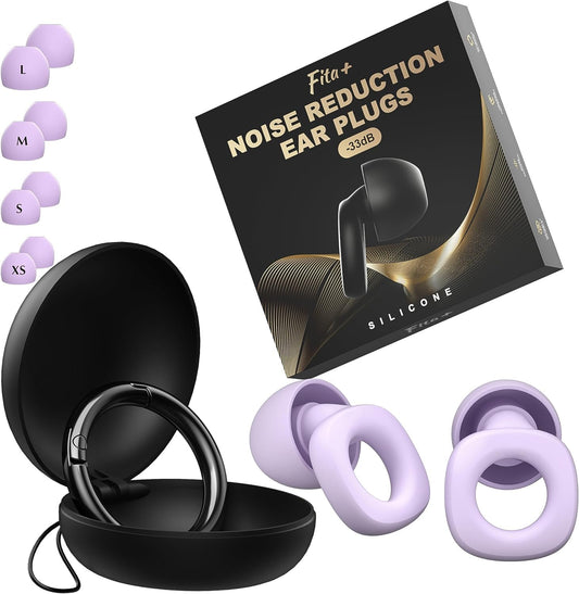 Fita+ Soft Reusable Ear Plugs for Noise Reduction up to 33dB, 4 Pairs XS/S/M/L, Soft Silicone Ear Plugs for Sleeping, Ear Plugs Noise Cancelling for Concerts - Purple
