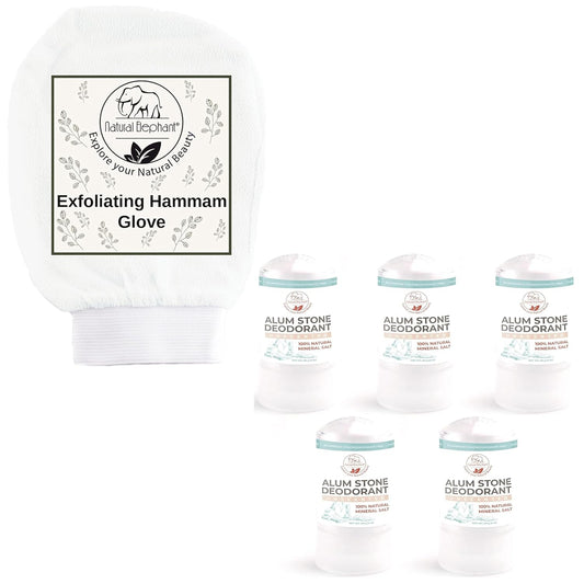 Fresh Skin Duo: Natural Elephant 5 Pack Alum Stone Deodorant Stick & Exfoliating Hammam Glove Pearl White