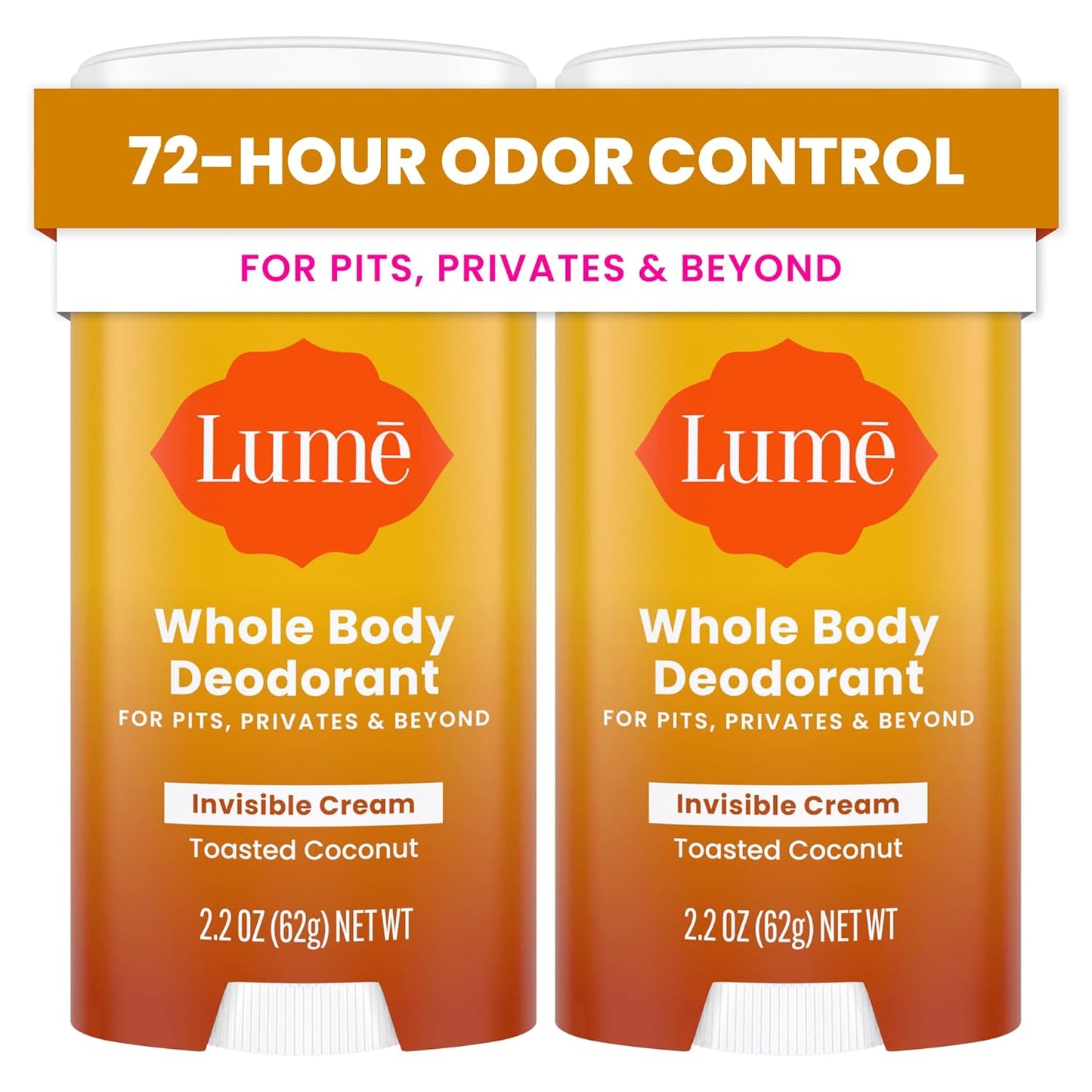 Lume Whole Body Deodorant - Invisible Cream Stick - 72 Hour Odor Control - Aluminum Free, Baking Soda Free, Skin Safe - 2.2 Ounce (Pack of 2) (Toasted Coconut)