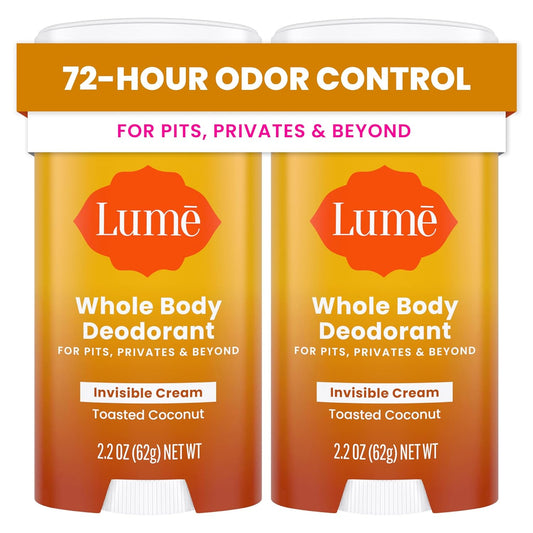 Lume Whole Body Deodorant - Invisible Cream Stick - 72 Hour Odor Control - Aluminum Free, Baking Soda Free, Skin Safe - 2.2 Ounce (Pack of 2) (Toasted Coconut)