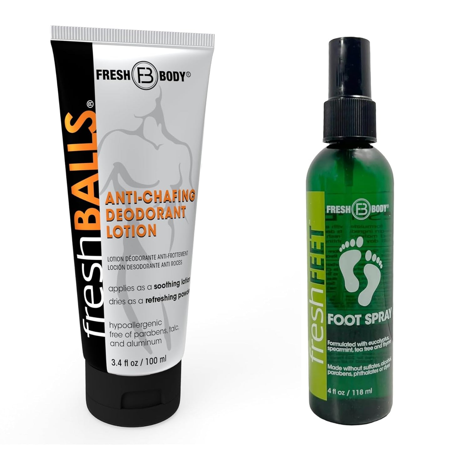 Fresh Body FB Balls Cream and Fresh Feet Foot Spray Bundle - Anti-Chafing Deodorant Lotion for Men and Odor Fighting Foot Spray with Essential Oils, 3.4 oz & 4 oz