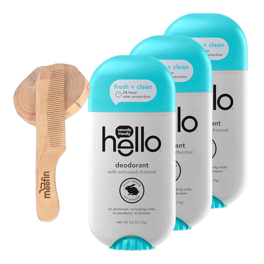 Hello Charcoal Deodorant, 2.6Oz, Fresh & Clean All Natural Deodorant For Women Long-Lasting, Aluminum-Free, Natural Deodorant Includes Moofin Wooden Comb, Natural Deodorant Charcoal [Pack Of 3]