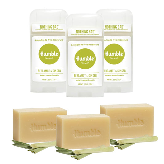 Humble Brands VEGAN Bergamot & Ginger Deodorant with and Lemongrass & Sage Soap Combo Bundle, All Natural Deodorant Bar Soap 3 pack and All Natural Aluminum Free Deodorant, 3 Pack