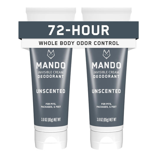 Mando Whole Body Deodorant For Men - Invisible Cream - 72 Hour Odor Control - Aluminum Free, Baking Soda Free, Skin Safe - 3 ounce (Pack of 2) - Unscented