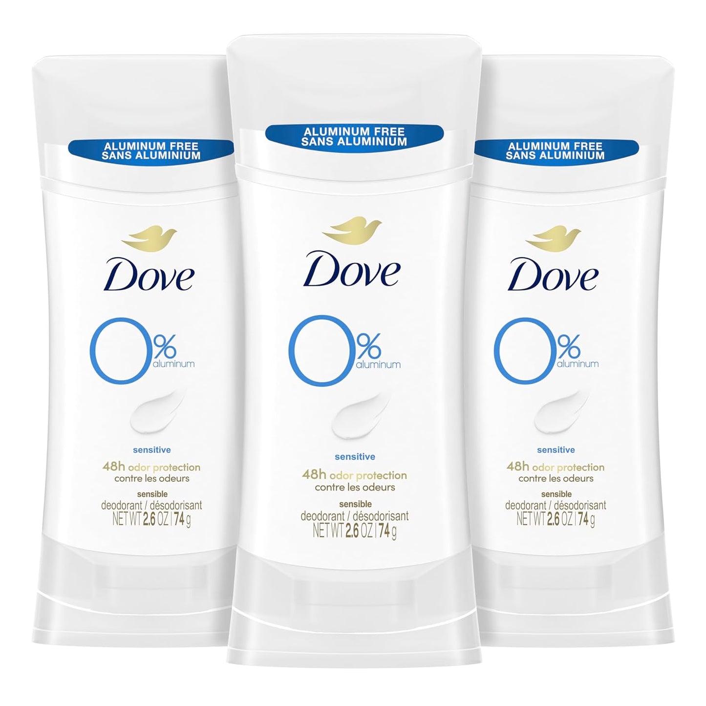 Dove 0% Aluminum Deodorant Stick Sensitive 3 Count Non-irritating Deodorant for Underarm Care Kindest Aluminum Free Deodorant 2.6 oz