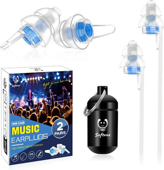 Concert Ear Plugs 2 Pairs, Noise Reduction Music Earplugs for Musicians, DJs, Festival, Raves, Loud Noise, Hearing Protection for Adult/Kids 12+, incl Connector Cord & Aluminum Case
