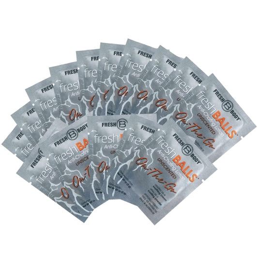 Fresh Body FB - Fresh Balls On-The-Go Anti Chafing Lotion, 0.07 Fl Oz Travel Size Packet (30 Pack) - Ball Deodorant for Men and Soothing Chafing Cream to Powder Hygiene for Groin Area