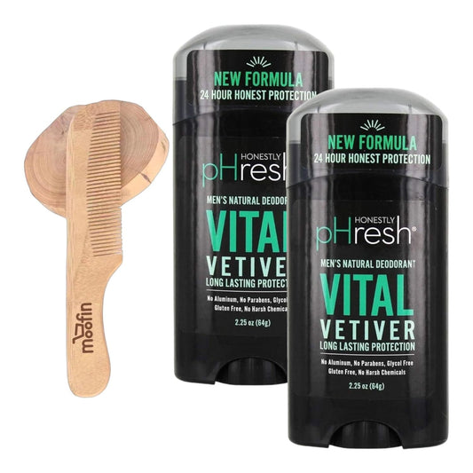 Natural Deodorant For Men Aluminum Free, No Baking Soda Deodorant Long Lasting, Prebiotic Formula, Sensitive Skin Safe, 24Hr Protection Bundle With Moofin Wooden Comb [Pack Of 2]