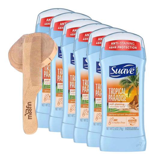 Tropical Paradise Deodorant, 2.6 Oz - 48-Hour Antiperspirant Deodorant For Women, Bundle With Moofin Wooden Comb, Invisible Solid Stick Anti Perspirant Women, Fresh & Exotic Scent [Pack Of 6]