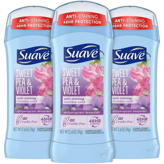 Suave Deodorant 2.6 Ounce 24Hr Sweet Pea & Violet Invis. Solid (76ml) (3 Pack)