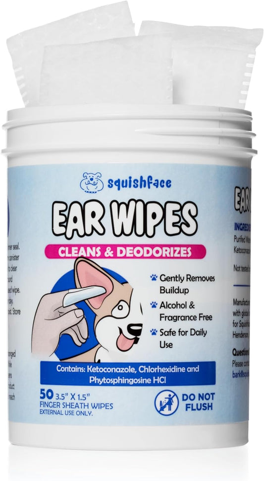 Squishface Dog Ear Relief Individual Finger Sheath Wipes – Non-Allergenic Ingredients & Irritation-Reducing Formula Cleans & Deodorizes, Helps Prevent Ear Itch & Odor – Great for All Breeds!