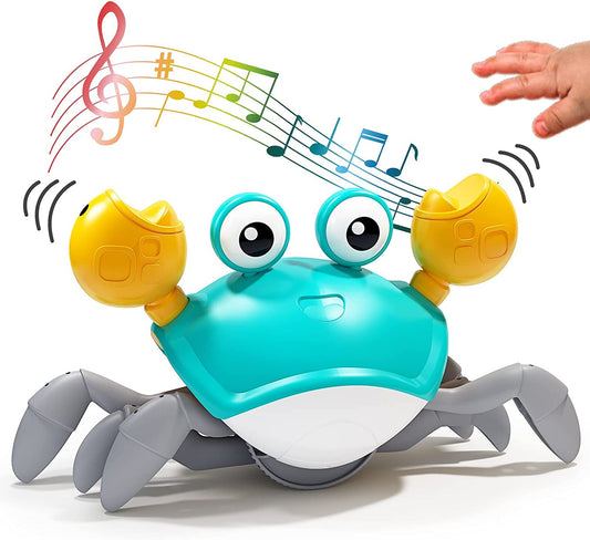 Green Crawling Crab Toys with Light Up, Interactive Musical w/ Automatically Avoid Obstacles, USB Rechargeable