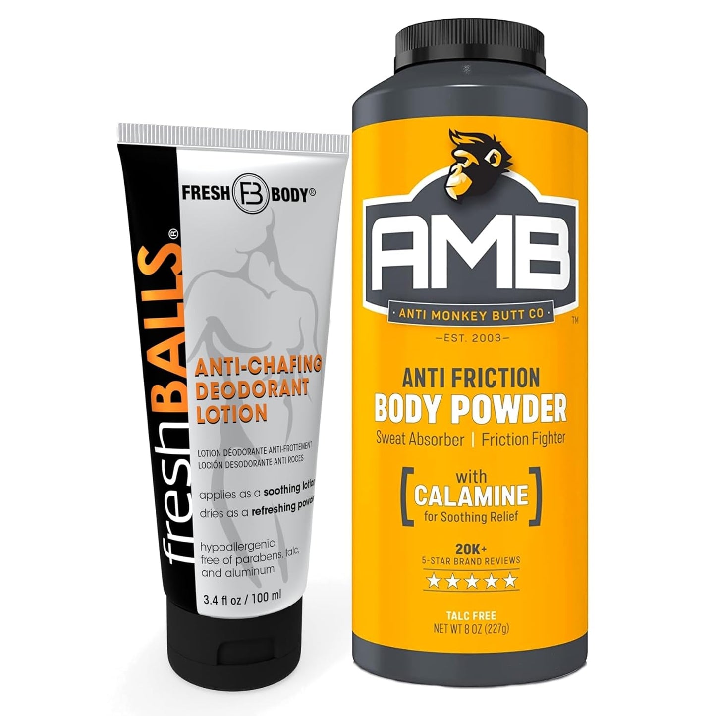 Fresh Body FB No Sweat Bundle: Anti-Monkey Butt Powder AMB, 8oz Anti-chafing Powder and Fresh Balls Lotion, 3.4oz, Men's Lotion to Powder Ball Deodorant and Hygiene for Groin Area