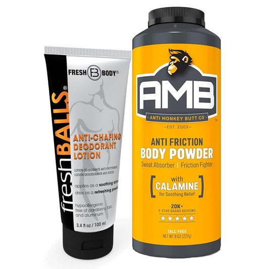 Fresh Body FB No Sweat Bundle: Anti-Monkey Butt Powder AMB, 8oz Anti-chafing Powder and Fresh Balls Lotion, 3.4oz, Men's Lotion to Powder Ball Deodorant and Hygiene for Groin Area