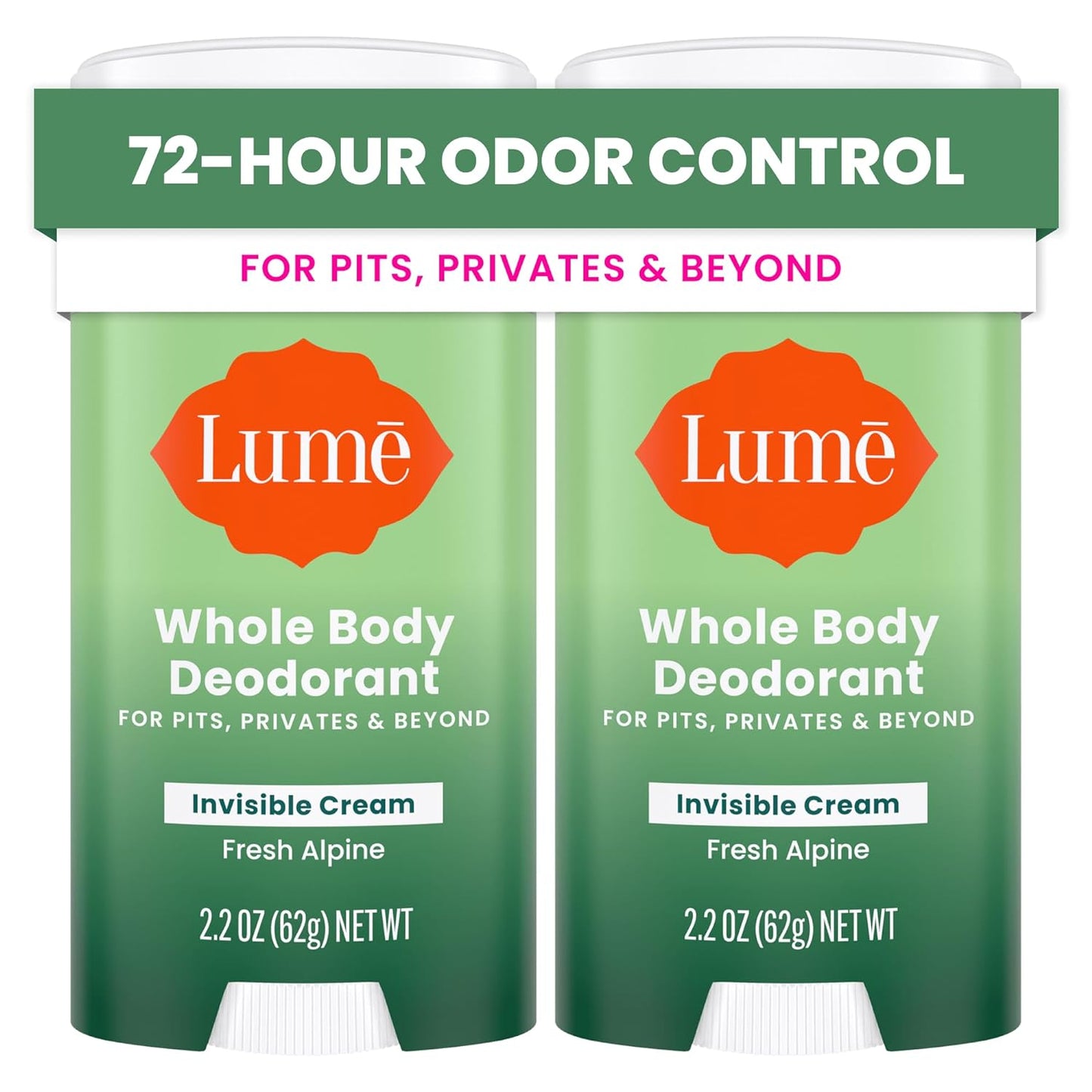 Lume Whole Body Deodorant - Invisible Cream Stick - 72 Hour Odor Control - Aluminum Free, Baking Soda Free, Skin Safe - 2.2 Ounce (Pack of 2) (Fresh Alpine)