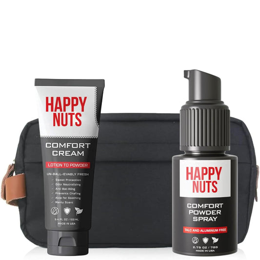 Happy Nuts Starter Sack Bundle Comfort Cream Deodorant, Comfort Spray Deodorant, and Toiletry Bag