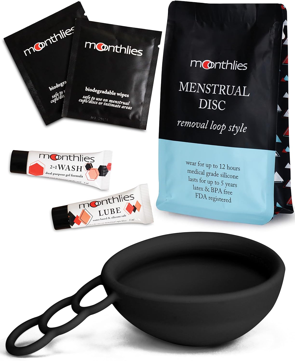 Reusable Menstrual Disc | Period Disc with Removal Loop Stem | Alternative to Menstrual Cups for Light or Heavy Flows | Eco-Friendly Feminine Hygiene (1 Small Period Disc, Black)