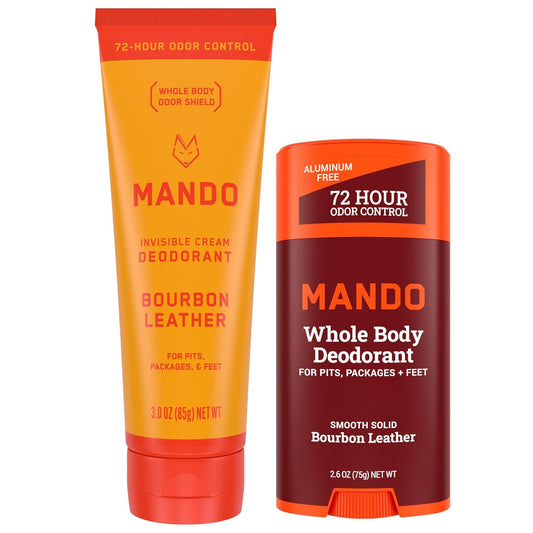 Mando Bourbon Leather Body Deodorant - 72 Hour Odor Control, Aluminum Free, Baking Soda Free - 3.0 Oz Tube and 2.6 Oz Solid Stick