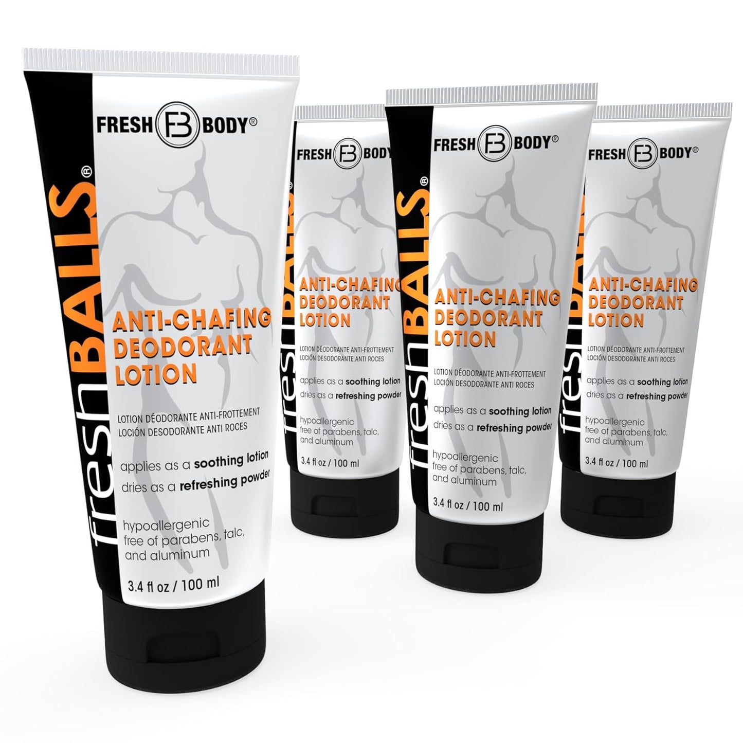 Fresh Body FB BALLS Lotion (4 Pack) | Anti-Chafing Men's Soothing Cream to Powder Balls Deodorant and Hygiene for Groin Area, 3.4 fl oz