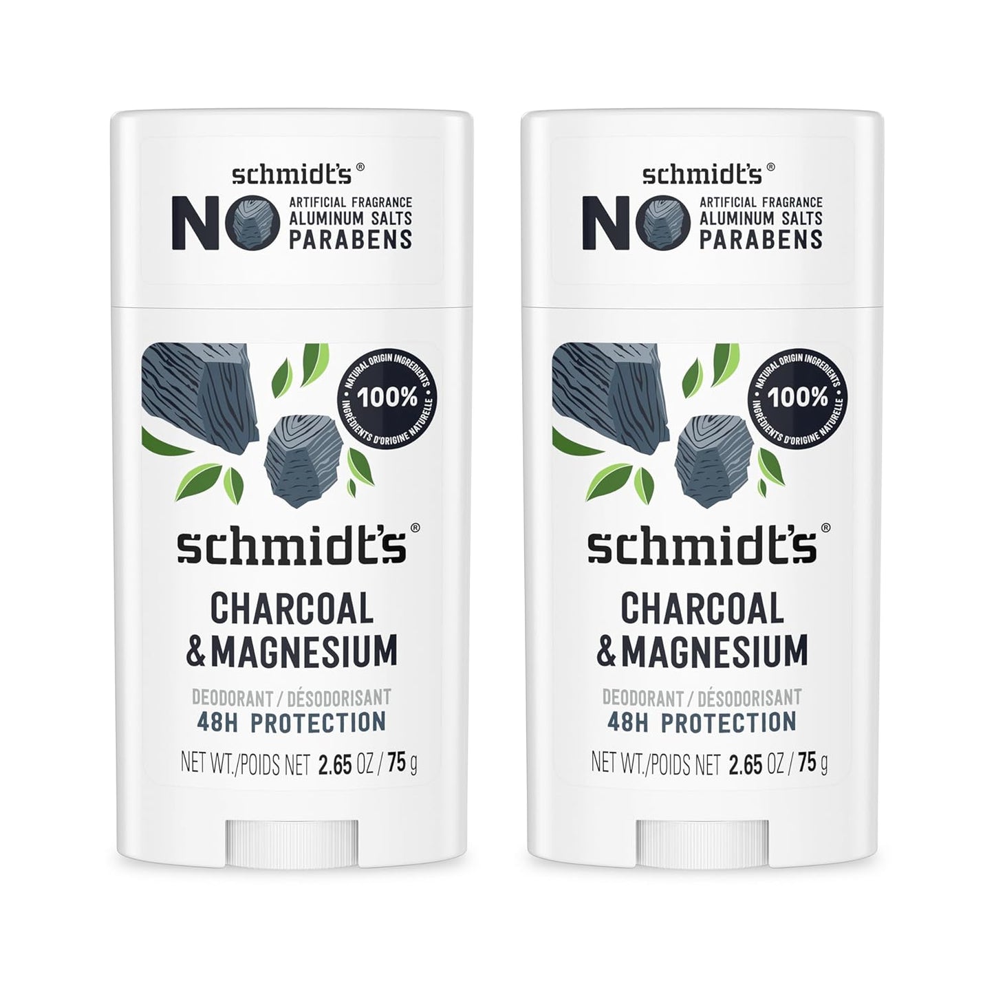 Schmidt's Aluminum-Free Vegan Deodorant Charcoal & Magnesium with 24 Hour Odor Protection, 2 Count for Women and Men, Natural Ingredients, Cruelty-Free, 2.65 oz