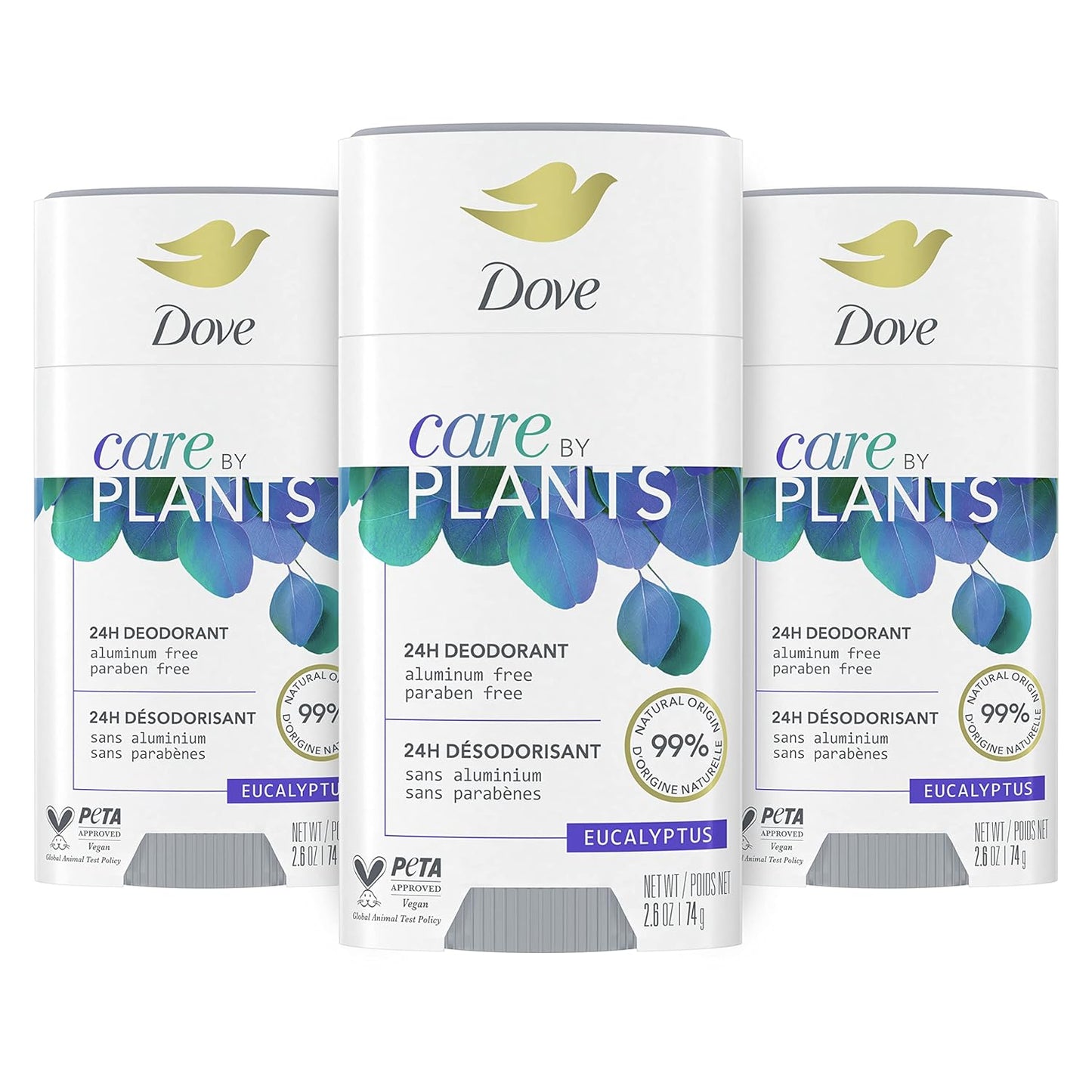 Dove Care by Plants Deodorant Stick for underarm skin care and 24 hour deodorant protection Eucalyptus no aluminum deodorant, 2.6 oz - Pack of 3
