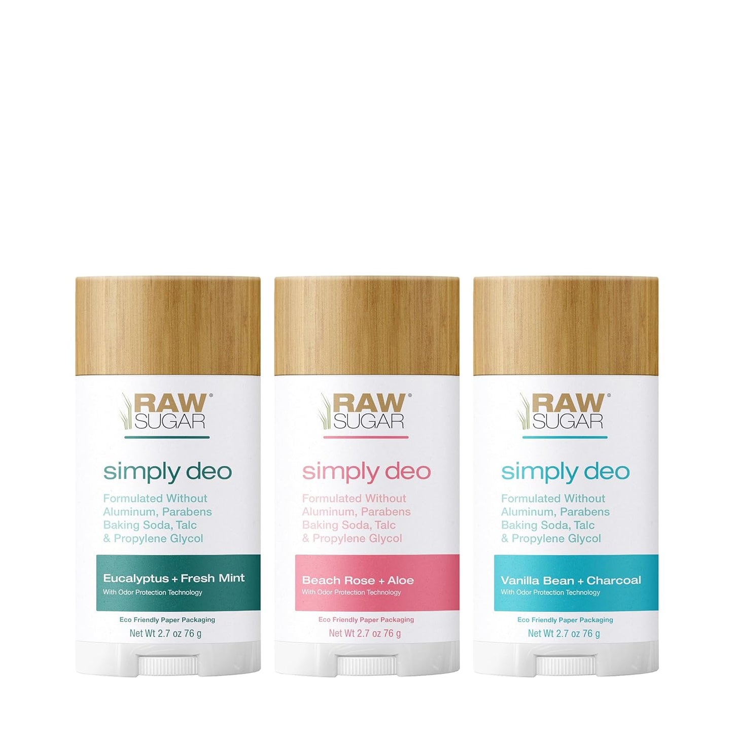 Raw Sugar Aluminum Free Deodorant Stick, Simply Deo Variety Bundle (Pack of 3) Whole Body Deodorant for Women & Men, Clean Formulated without Baking Soda, Talc & Parabens, Variety Pack