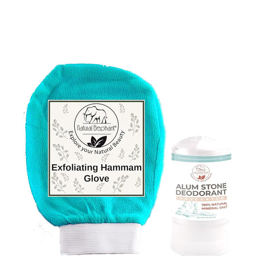 Freshness & Renewal Bundle: Natural Elephant Alum Stone Deodorant Stick and Exfoliating Hammam Glove Teal