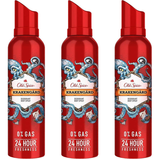 Old Spice Krakengard Deodorant Body Spray, Odor Eliminator Body Spray for Men, 24-Hour Long-Lasting Freshness, Gas-Free Body Mist Antiperspirant Spray, 4.73 Ounces (Pack of 3)