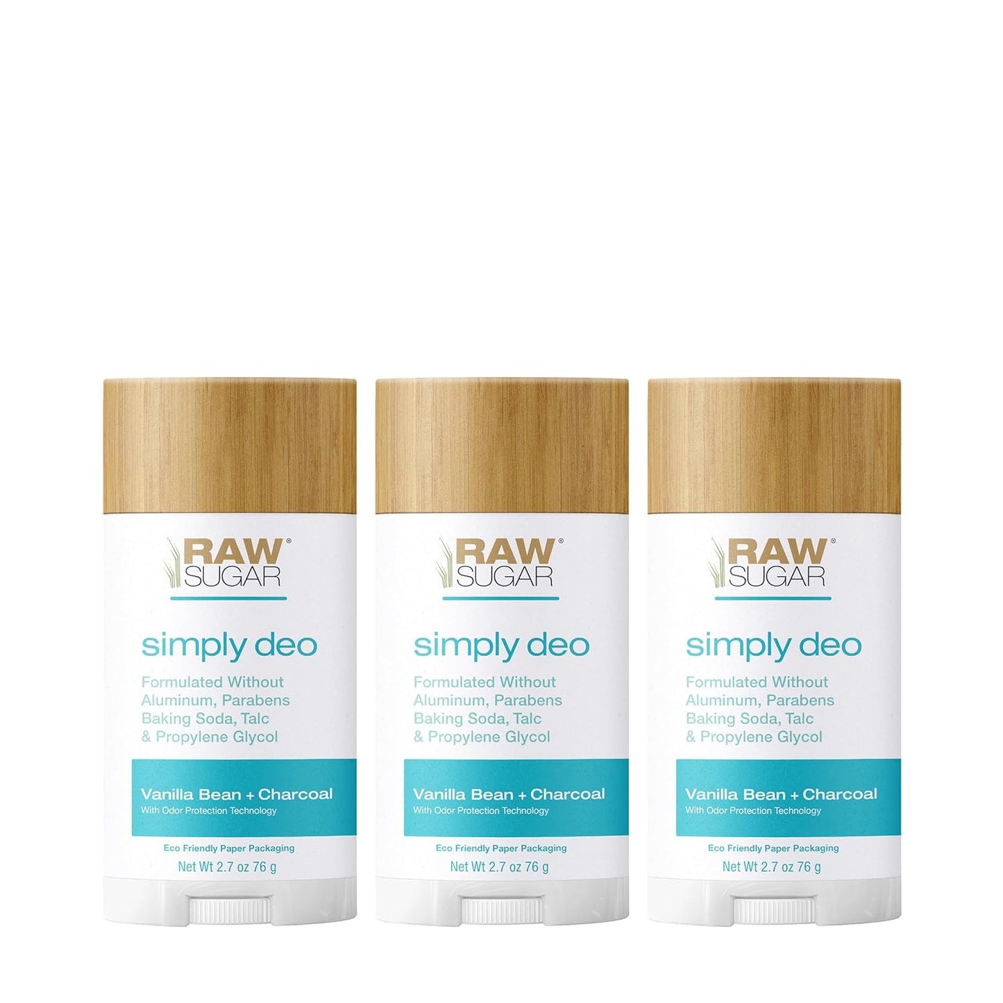 Raw Sugar Aluminum Free Deodorant Stick, Simply Deo Bundle (Pack of 3) Whole Body Deodorant for Women & Men, Clean Formulated without Baking Soda, Talc & Parabens, Vanilla Bean + Charcoal Scent