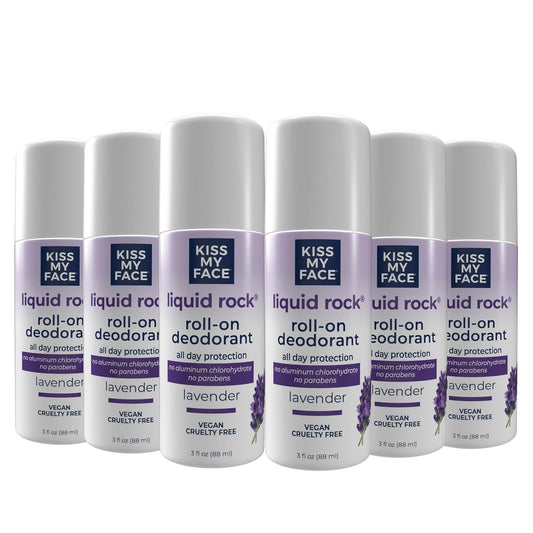 Kiss My Face Liquid Rock Roll-On Deodorant, Lavender, Aluminum Chloralhydrate Free Deodorant For Women And Men, With Added Willow Bark And Mineral Crystal Salts, 3 Oz Roll On, 6 Pack