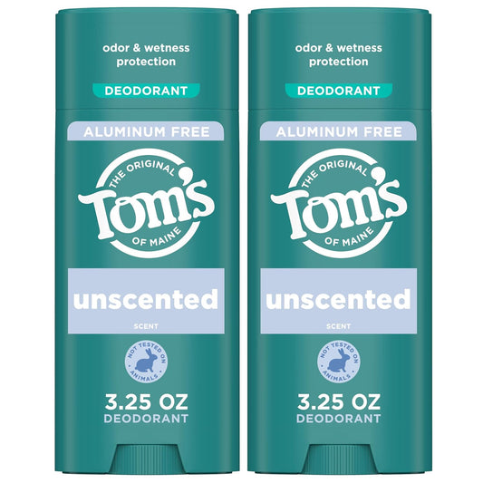 Tom’s of Maine Unscented Natural Deodorant for Women and Men, Aluminum Free, 3.25 oz, 2-Pack