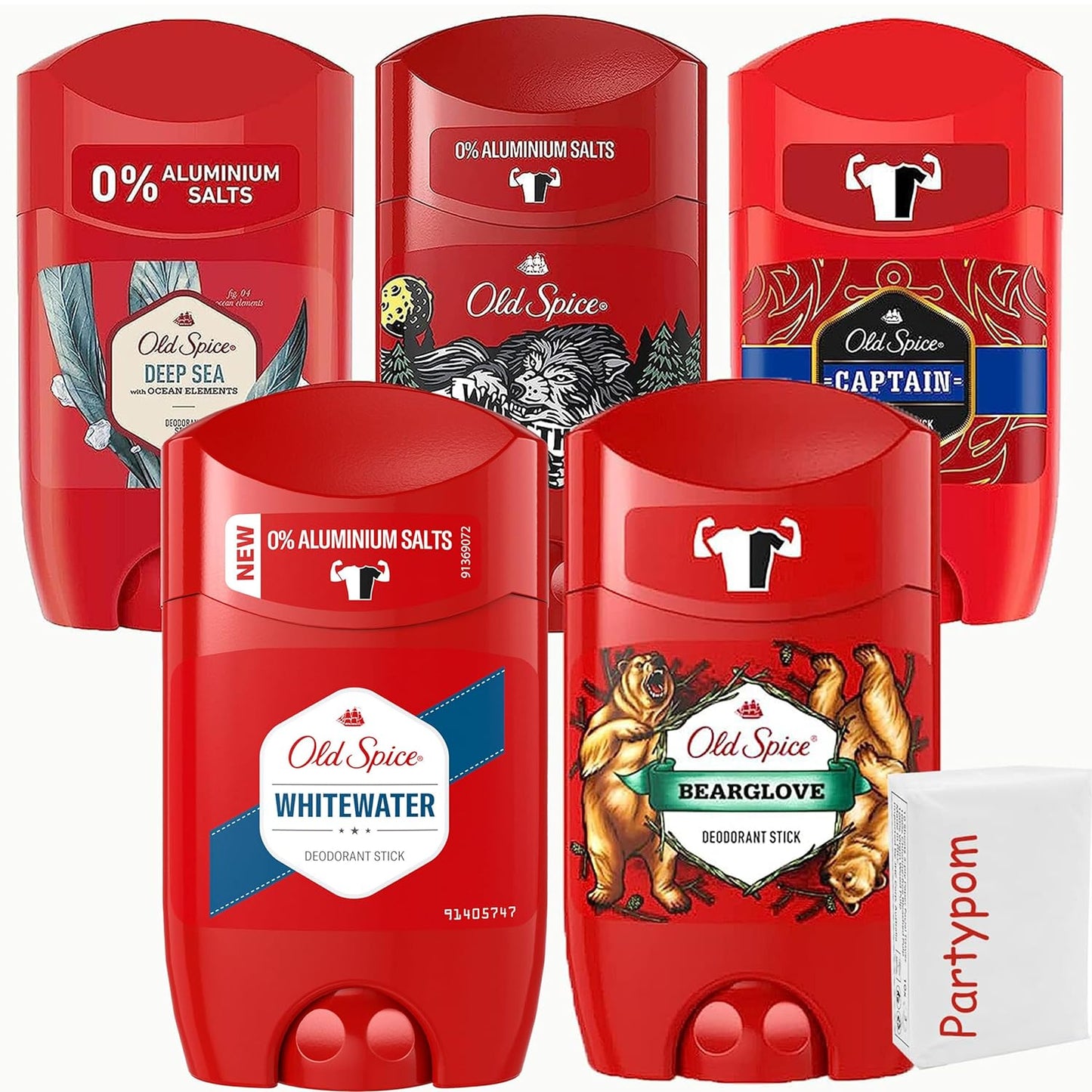Men's Variety Deodorant Stick 5 Pack, Invisible Solid Deodorant Stick, Assorted Scents, Whitewater, Captain, Deep Sea, Wolfthorn, Bearglove, 1.69 Oz. Each Plus Bonus Partypom Tissue Packet