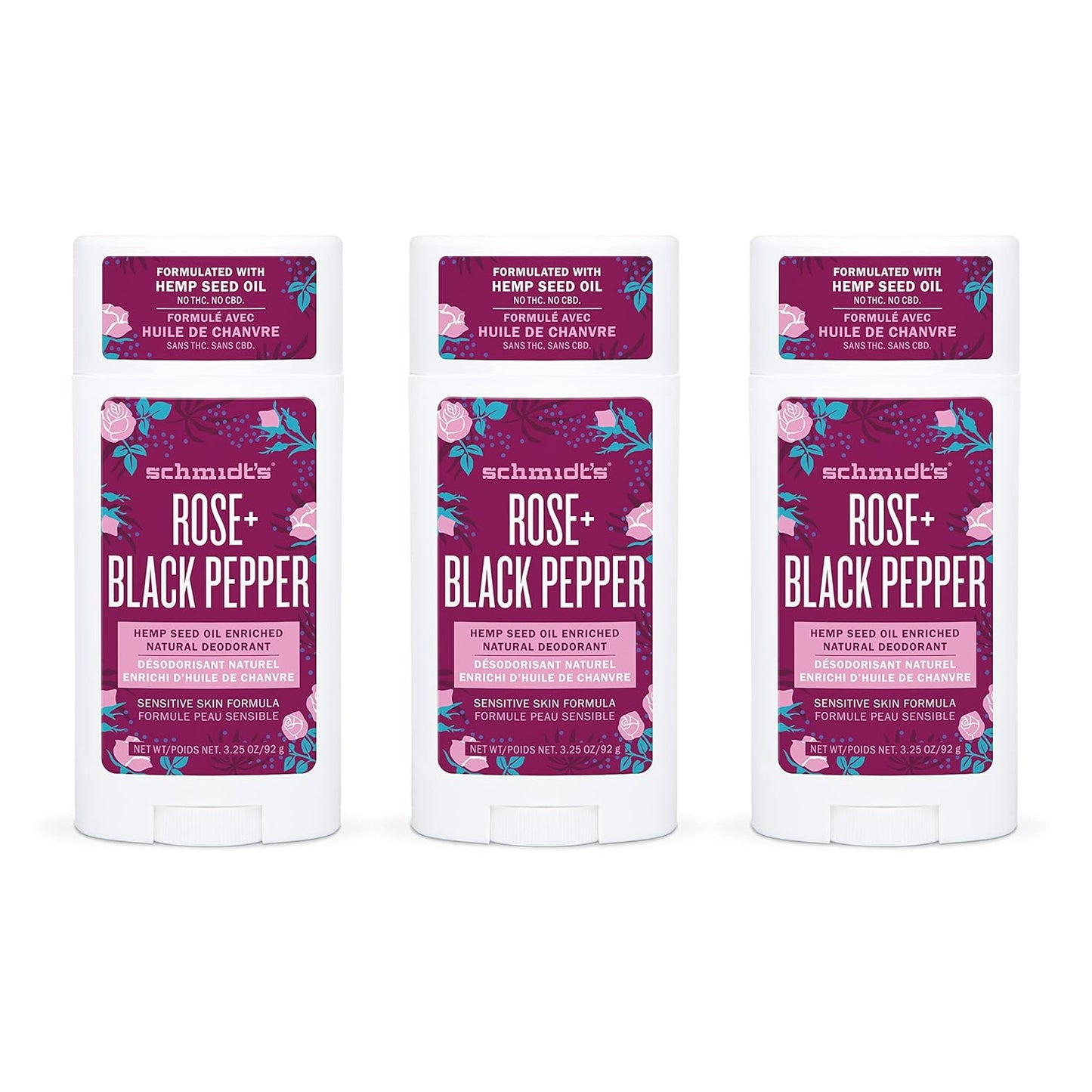 Schmidt's Aluminum Free Natural Deodorant for Women and Men, Rose + Black Pepper for Sensitive Skin with 24 Hour Odor Protection, Certified Cruelty Free, Vegan Deodorant, 3.25 Ounce (Pack of 3)