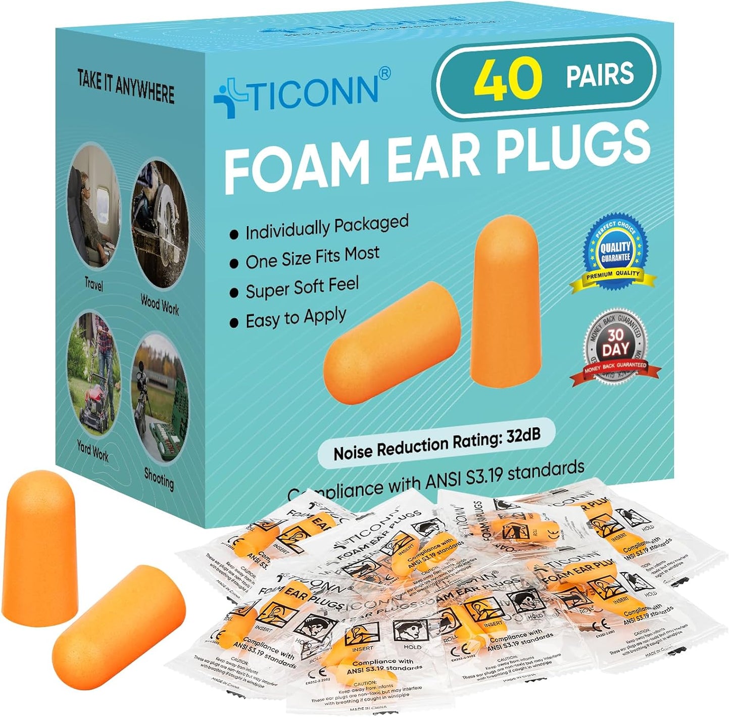 TICONN 40 Pairs Ear Plugs, 32dB Noise Reduction Earplugs for Sleeping Hearing Protection Travel Study Concentration Construction Site (40 Pairs)