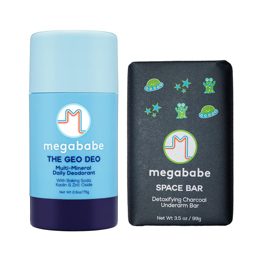 Megababe Underarm 2-Piece Bundle - Geo Deo Daily Deodorant 2.6 oz & Space Bar Detox Soap 3.5 oz | Odor Protection, Aluminum Free