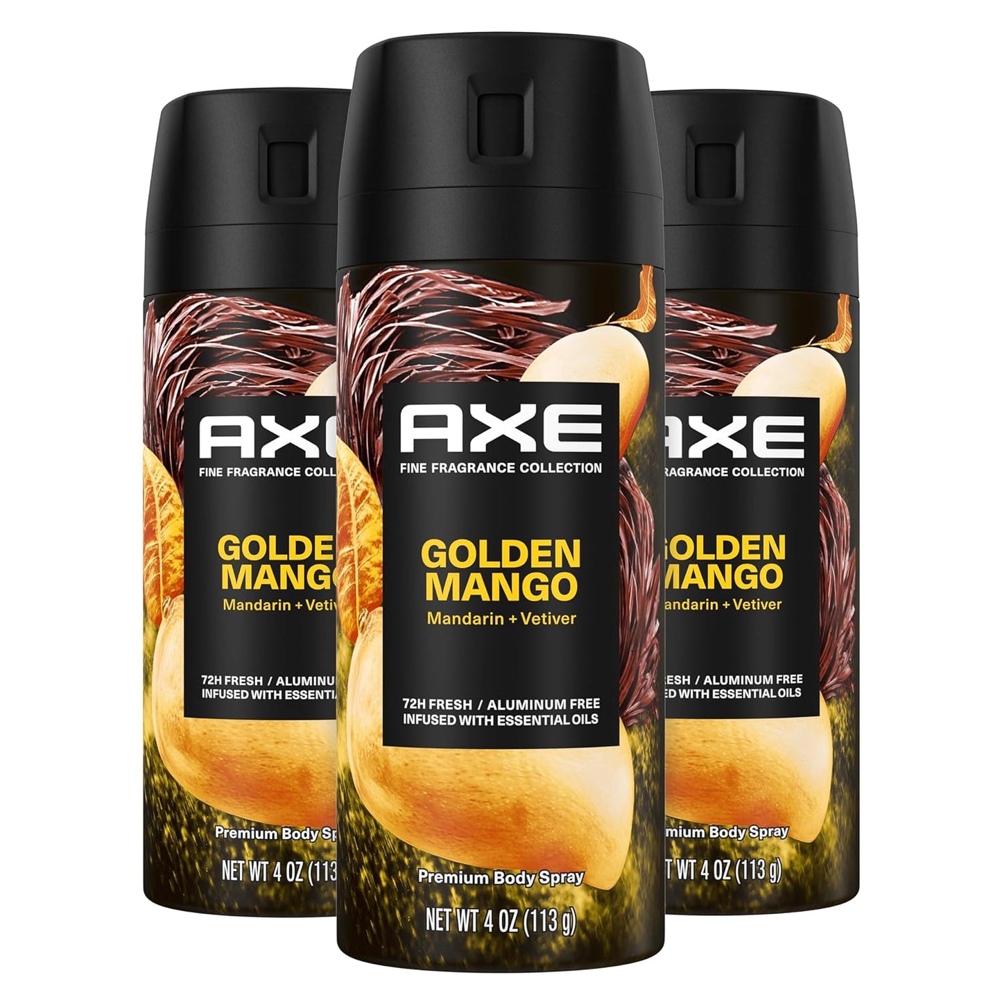 AXE Fine Fragrance Collection Premium Deodorant Body Spray for Men Golden Mango 3 Count With 72H Odor Protection and Freshness Infused with Mango, Mandarin, and Vetiver Essential Oils 4 oz