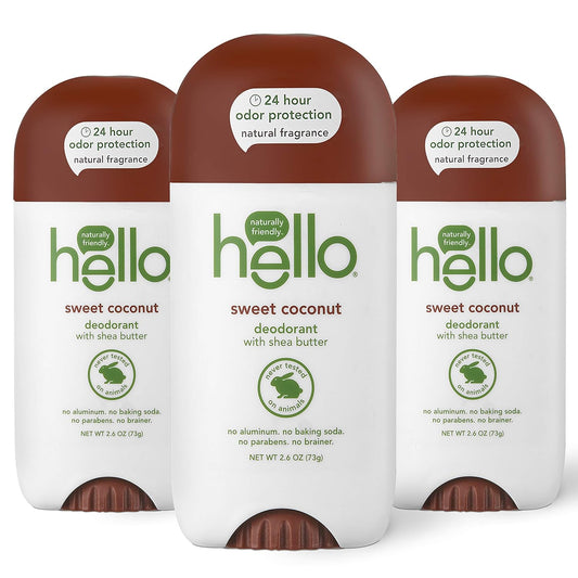 hello Sweet Coconut Deodorant With Shea Butter for Women + Men, 24 Hour Odor Protection, No Aluminum + No Baking Soda, Vegan & Parabens Free, 2.6oz, 3 count