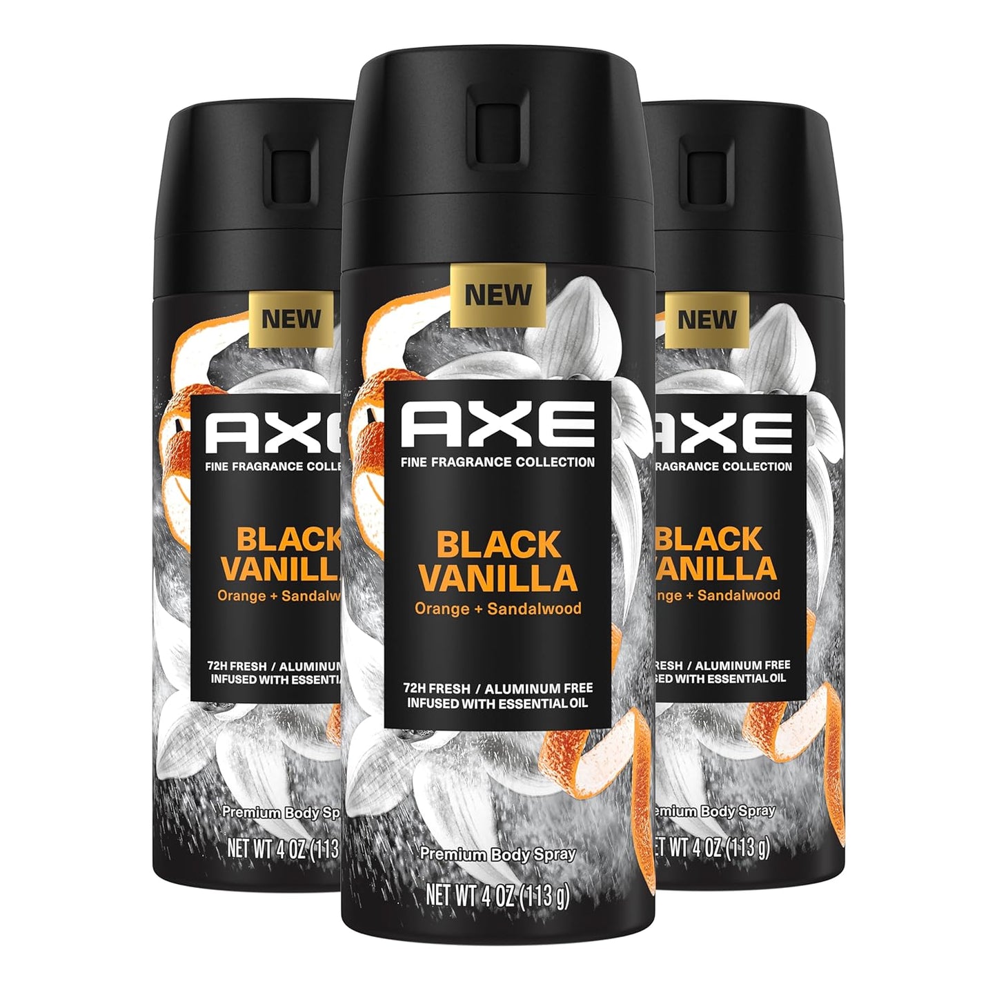 Axe Fine Fragrance Collection Premium Body Spray Black Vanilla with Orange + Sandalwood 3 Count with 72H Odor Protection Aluminum-Free 4 oz